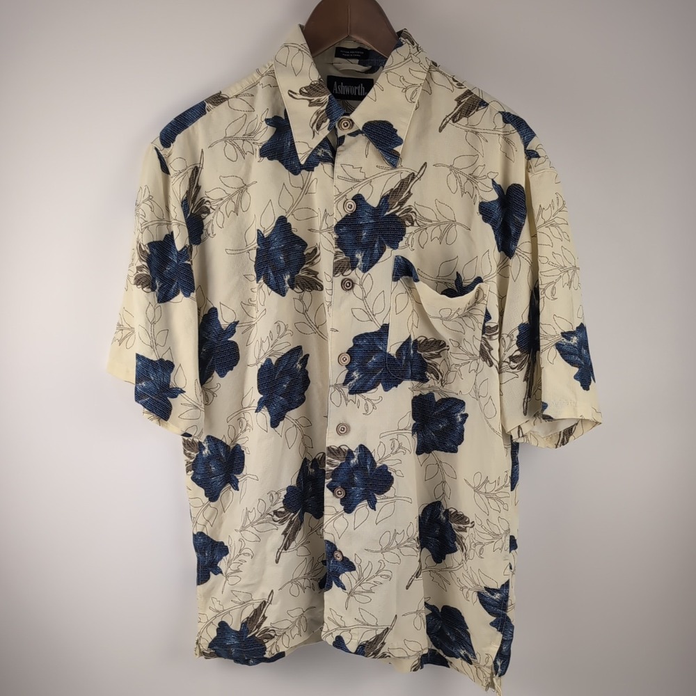 Ashworth Shirt Mens Large Cream Blue Floral Rayon Blend Button Down EUC